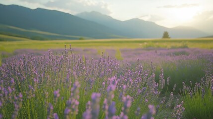 Fototapeta premium Lavender Field at Sunset, with Mountain Range in the Background