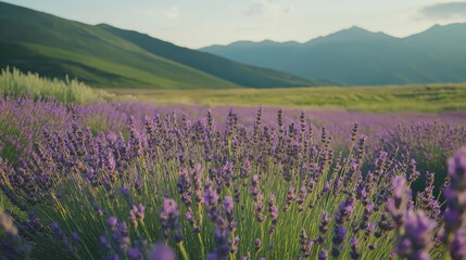 Fototapeta premium Tranquil Lavender Field Sunset Landscape, Rolling Green Hills