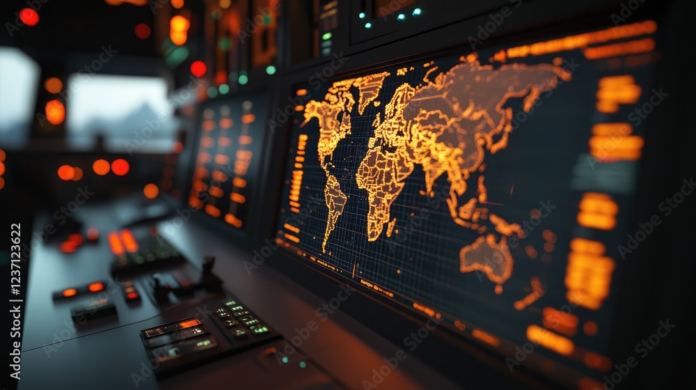 Poster global surveillance command center monitoring world map