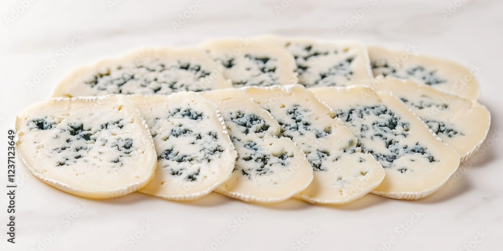 Poster a close up of a cheese block with blue spots. the cheese is cut into slices and arranged in a row
