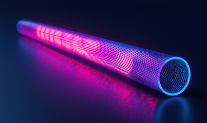 Vibrant Neon Mesh Tube with a Diamond-Shaped Grid Pattern, Showcasing Futuristic and Artistic Design
