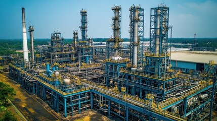 Fototapeta premium Aerial view of a large refinery with a network of industrial pipelines, heavy machinery working together in an oil refining process