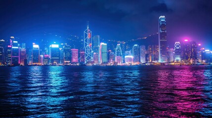 Fototapeta premium Vibrant City Skyline at Night with Colorful Neon Lights and Reflections