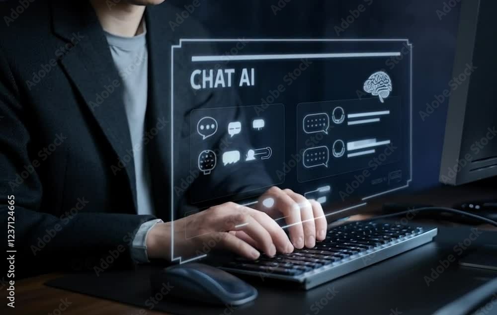 Poster Man using laptop, chatting with AI, seeking answers. Artificial intelligence, futuristic technology, innovative solutions, digital interaction, modern          