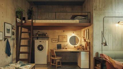 Modern Minimalist Apartment Interior with Loft Bed and Study Area