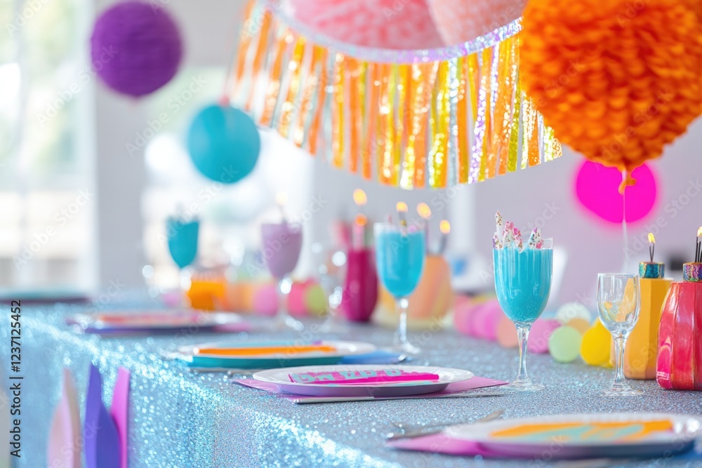 Poster a table with a blue tablecloth and a rainbow of colored plates and glasses. the table is set for a p