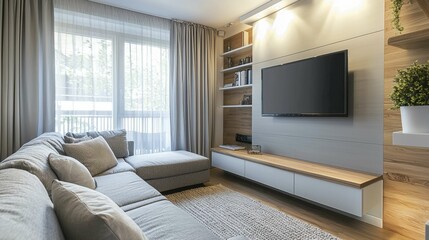 Fototapeta premium Modern Bright Living Room with Comfortable Sofa and TV Unit
