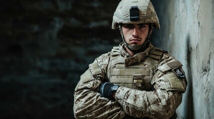 Obraz premium Focused Soldier in Military Gear with Intense Expression in Action