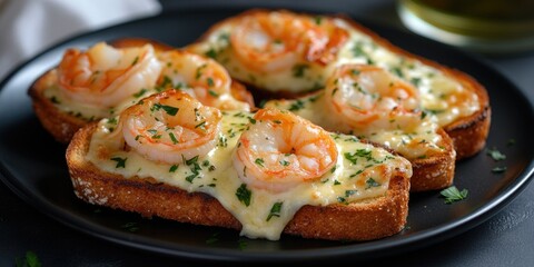 Three shrimp sandwiches with cheese on a black plate. The cheese is melted and the shrimp are cooked