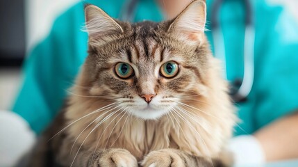 A grey cat at a veterinary surgery, showcasing a feline health checkup in a medical setting. Ideal for themes of pet care, wellness, and veterinary services.
