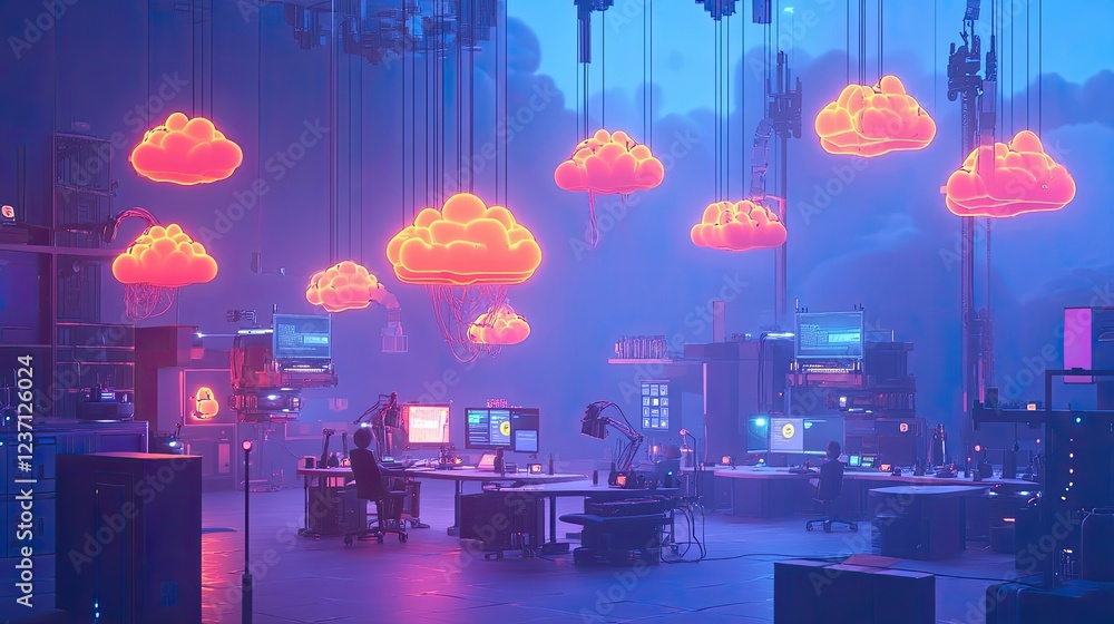 Poster futuristic cloud computing data center server room