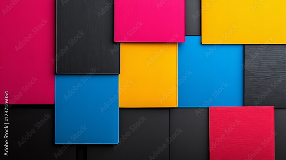 Poster Vibrant abstract image featuring a geometric pattern of colorful squares. Bold hues create a dynamic composition.