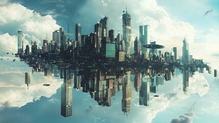 Fototapeta premium Futuristic Cityscape Reflection with Flying Vehicles Under Sky