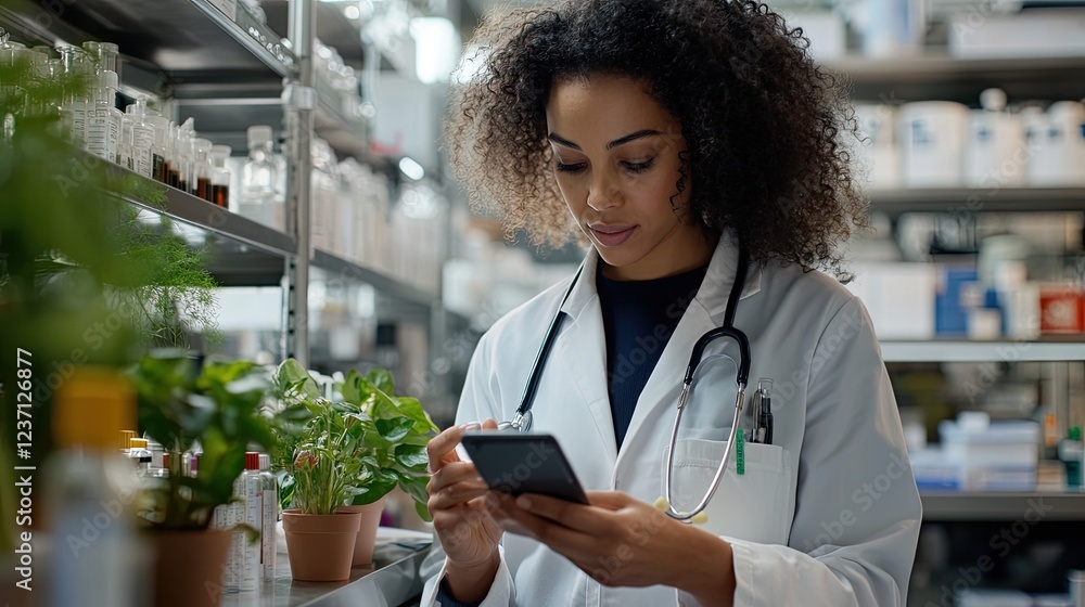 Poster scientist examining plants using a smartphone in a lab
