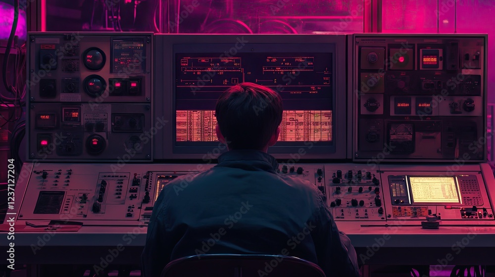 Poster person monitoring data on retro control panel