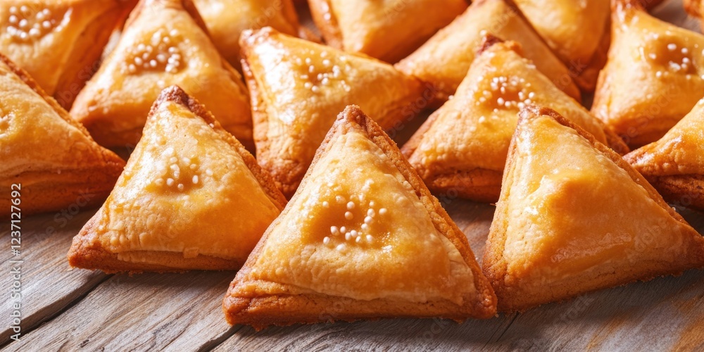 Poster a row of triangular pastries with a sprinkle on top. the pastries are arranged in a neat row on a wo