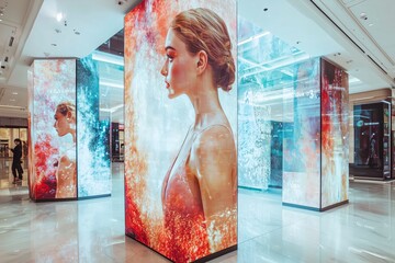 Vibrant digital displays featuring a woman's profile in a modern retail space.
