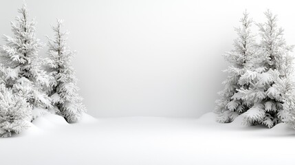 Fototapeta premium Snow-covered pine trees stand on a clean white winter background.