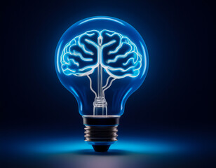 Glowing light bulb with a brain as its filament concept for fusion of intellect and creativity, innovation, ideas, brainpower.