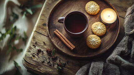 Cozy winter scene with warm tea, snowflake cookies, and cinnamon sticks on a wooden tray.