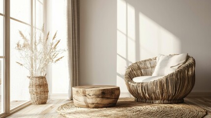 Cozy Natural Interior with Rattan Chair and Wooden Coffee Table