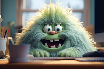 Freelancer monster at workspace, person with shaggy hairstyle and joyful surprised expression in home office. Concept of online work, training, study, support, consultation