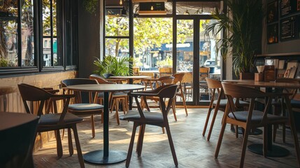 Fototapeta premium Cozy Modern Cafe Interior with Natural Light and Wooden Furniture