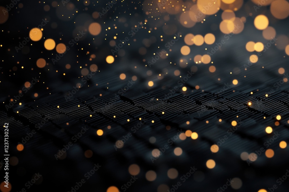 Poster the image is a black and white photo of a cityscape with a lot of sparkles. scene is mysterious and 