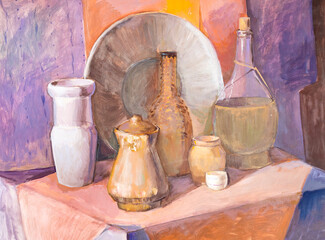 handpainted brown still life with jugs and bottles