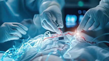 Surgeons perform a delicate medical procedure using advanced equipment