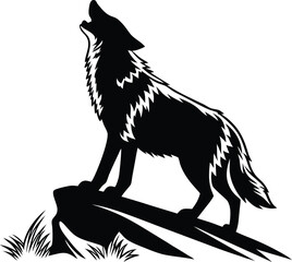 A stylized black and white silhouette of a wolf howling. Howling Wolf Vector Illustration - Cartoon, Clipart, and Line Art Design