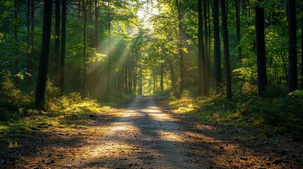 Fototapeta premium Sunlit Forest Pathway with Sun Rays Peeking Through Green Trees