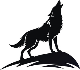 A stylized black and white silhouette of a wolf howling. Howling Wolf Vector Illustration - Cartoon, Clipart, and Line Art Design