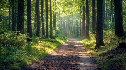 Fototapeta premium Serene Forest Pathway with Soft Sunlight Filtering Through Trees
