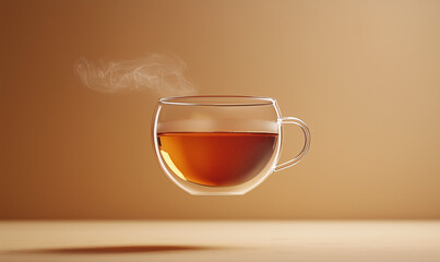 Teh O on a Glass Cup Hovering with a Soft Brown Background, Representing a Classic Asian Tea Moment