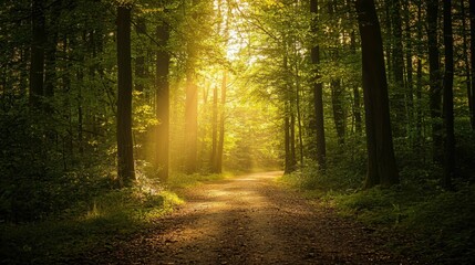 Obraz premium Serene Forest Pathway with Sunlight Illuminating the Landscape