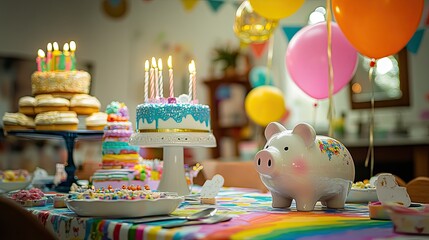Obraz premium Festive Birthday Party Table With Cakes And Balloons