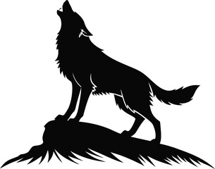 A stylized black and white silhouette of a wolf howling. Howling Wolf Vector Illustration - Cartoon, Clipart, and Line Art Design