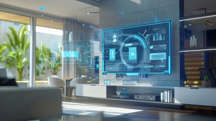 Futuristic Home with Holographic Assistant Analyzing Financial Trends for Modern Living