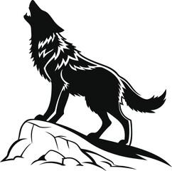 A stylized black and white silhouette of a wolf howling. Howling Wolf Vector Illustration - Cartoon, Clipart, and Line Art Design