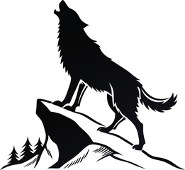 A stylized black and white silhouette of a wolf howling. Howling Wolf Vector Illustration - Cartoon, Clipart, and Line Art Design