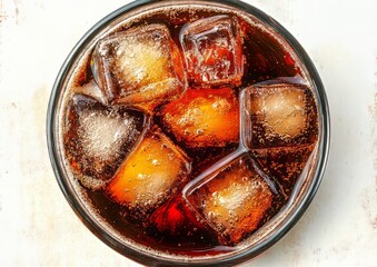 A top-down view of a refreshing soft drink in a glass, set against a white background, with room for copy