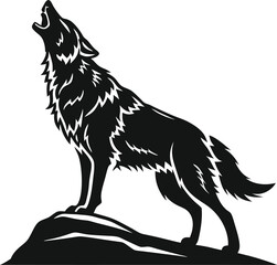 A stylized black and white silhouette of a wolf howling. Howling Wolf Vector Illustration - Cartoon, Clipart, and Line Art Design