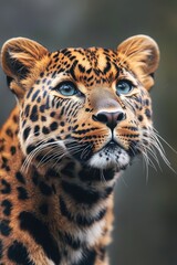 Fototapeta premium Adorable young big cat with blue eyes looking up, showcasing innocent and vulnerable expression of a Bengal tiger cub.