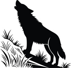 A stylized black and white silhouette of a wolf howling. Howling Wolf Vector Illustration - Cartoon, Clipart, and Line Art Design