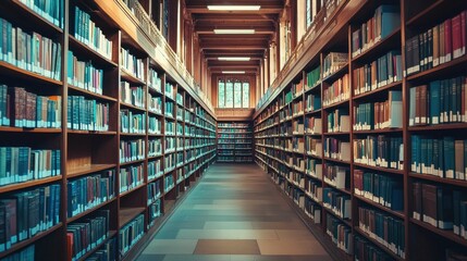 Obraz premium Scenic Library Interior with Tall Bookshelves and Natural Light