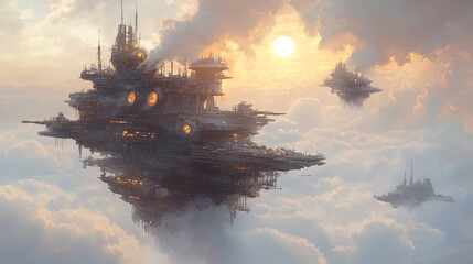 Futuristic Floating Cities Above Cloudy Skies Sunset