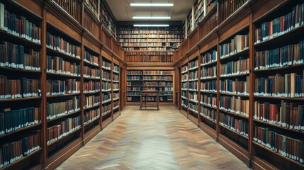 Serene Library Interior with Wooden Shelves and Abundant Books