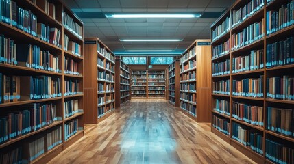 Obraz premium Serene Library Interior with Wooden Shelves and Abundant Books