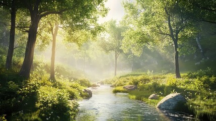 Obraz premium Sunlit Stream Flows Through Lush Green Forest